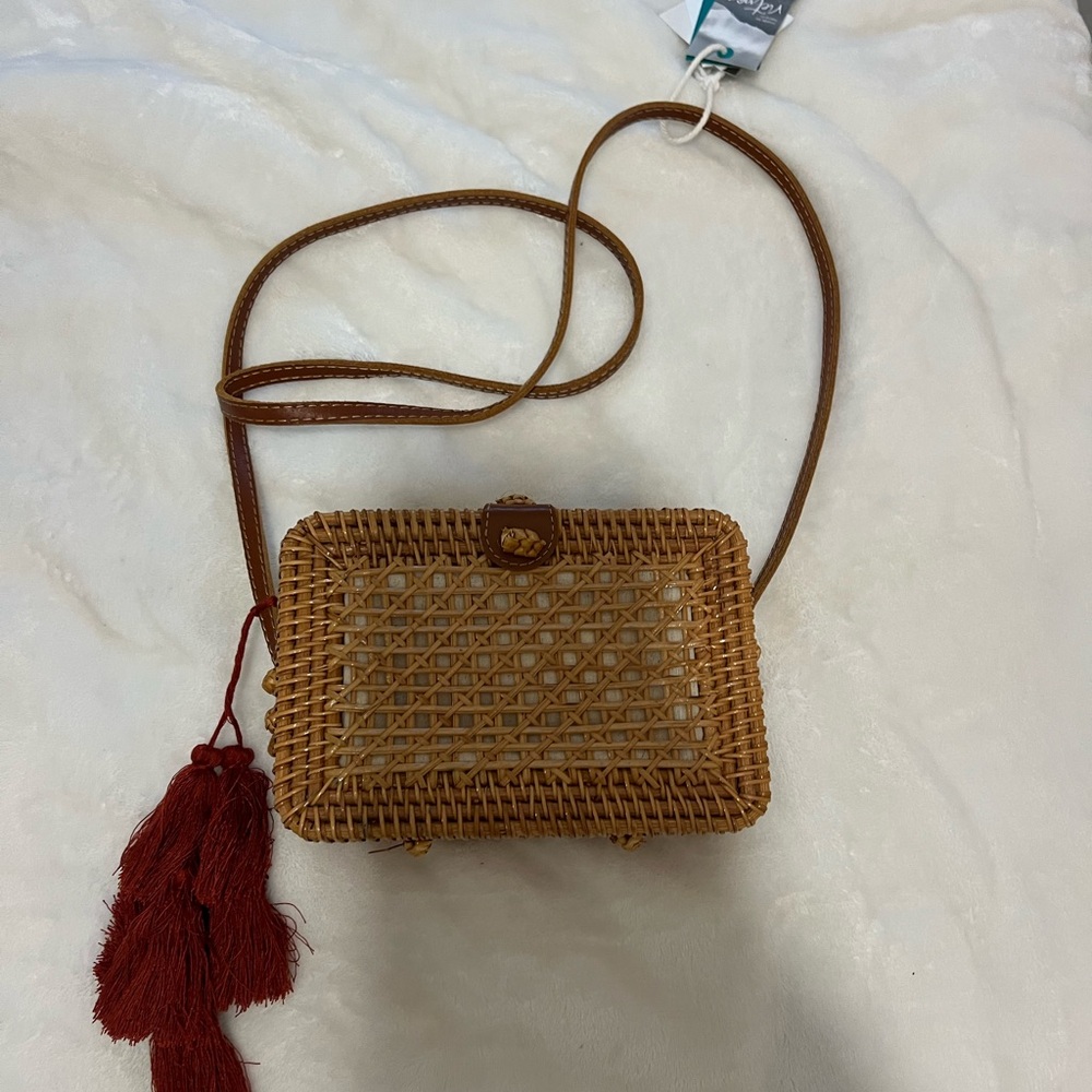 Brown Woven Crossbody Bag with Red Tassel